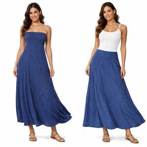 Thyme & Honey Convertible Maxi Dress Skirt Boho Stretch Women L Blue Patchwork